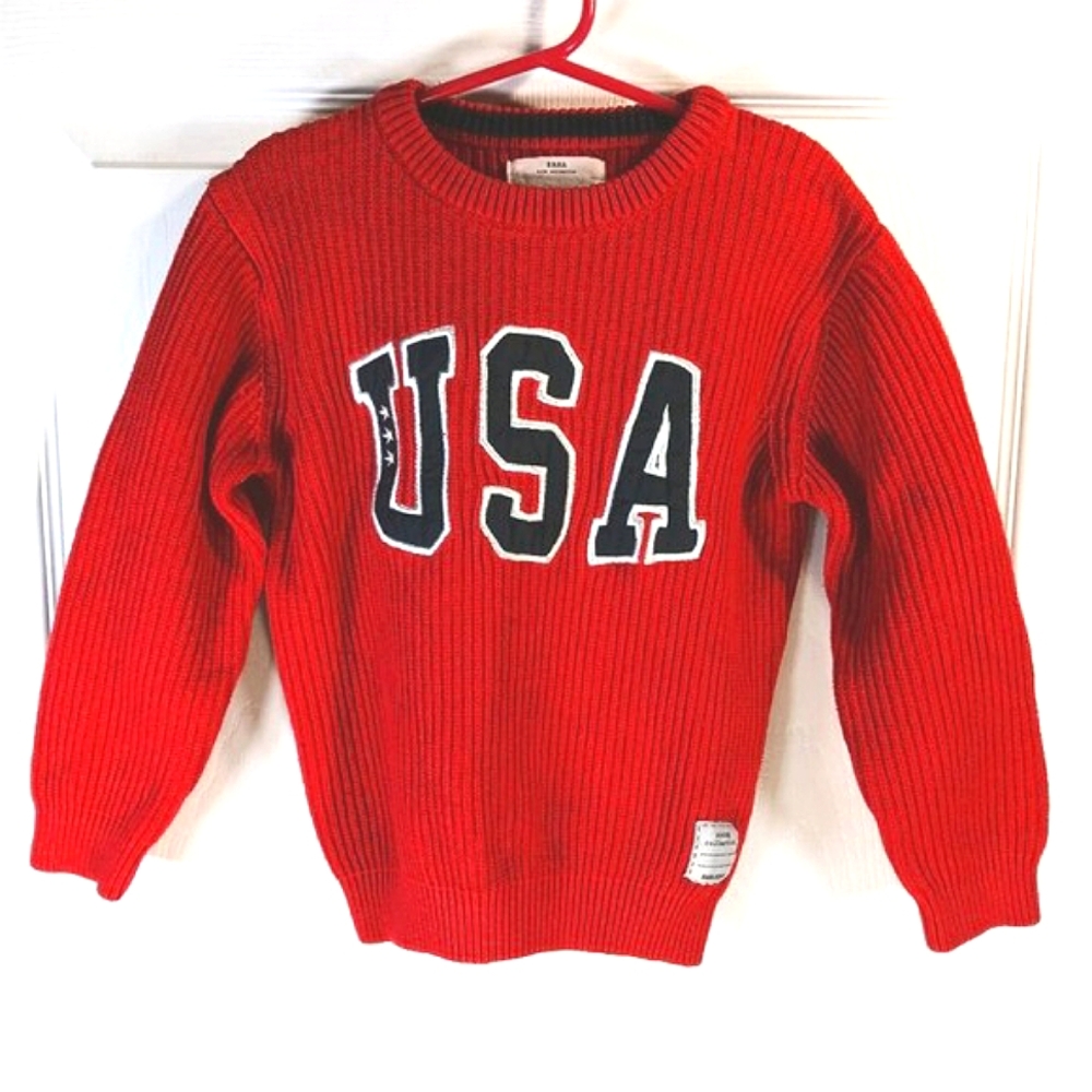 NWOT Zara Boys Red USA Text Sweater Knit Crewneck Kids Size 7
